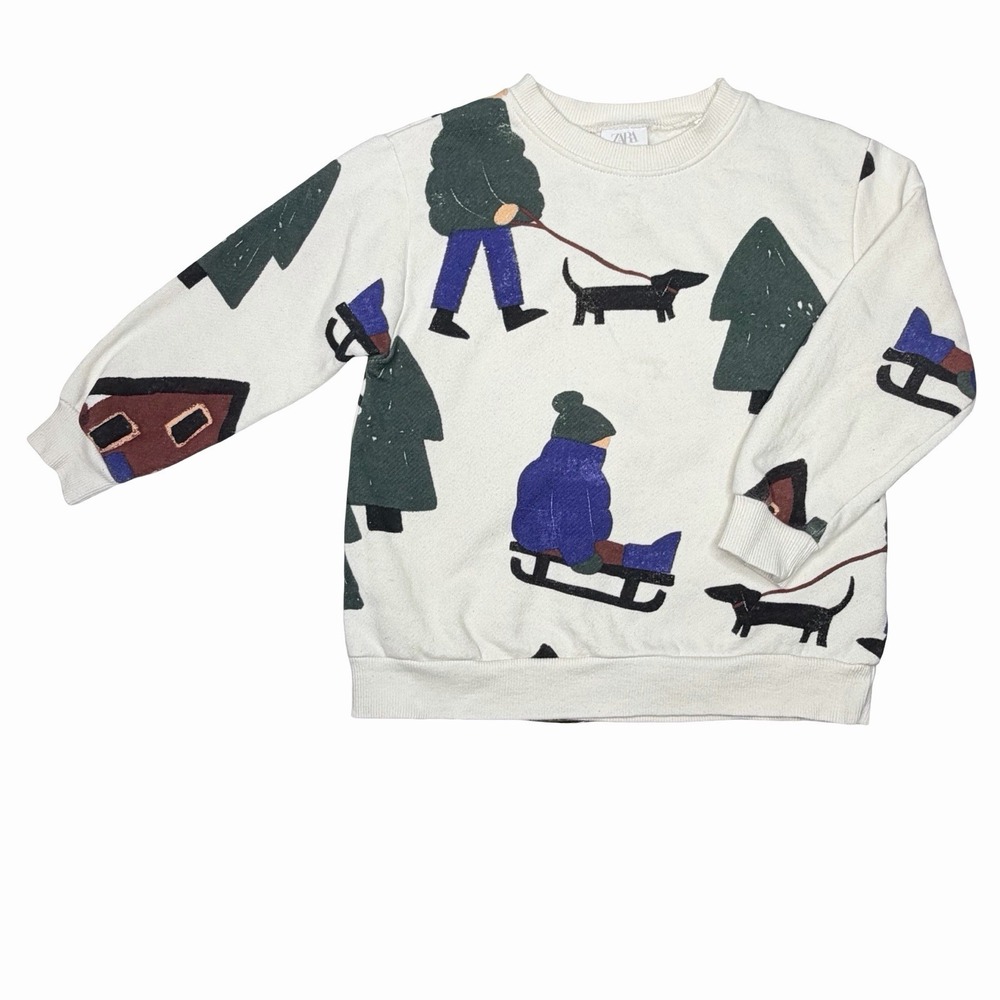 Zara Winter Scene Sledding Trees Sweatshirt‎